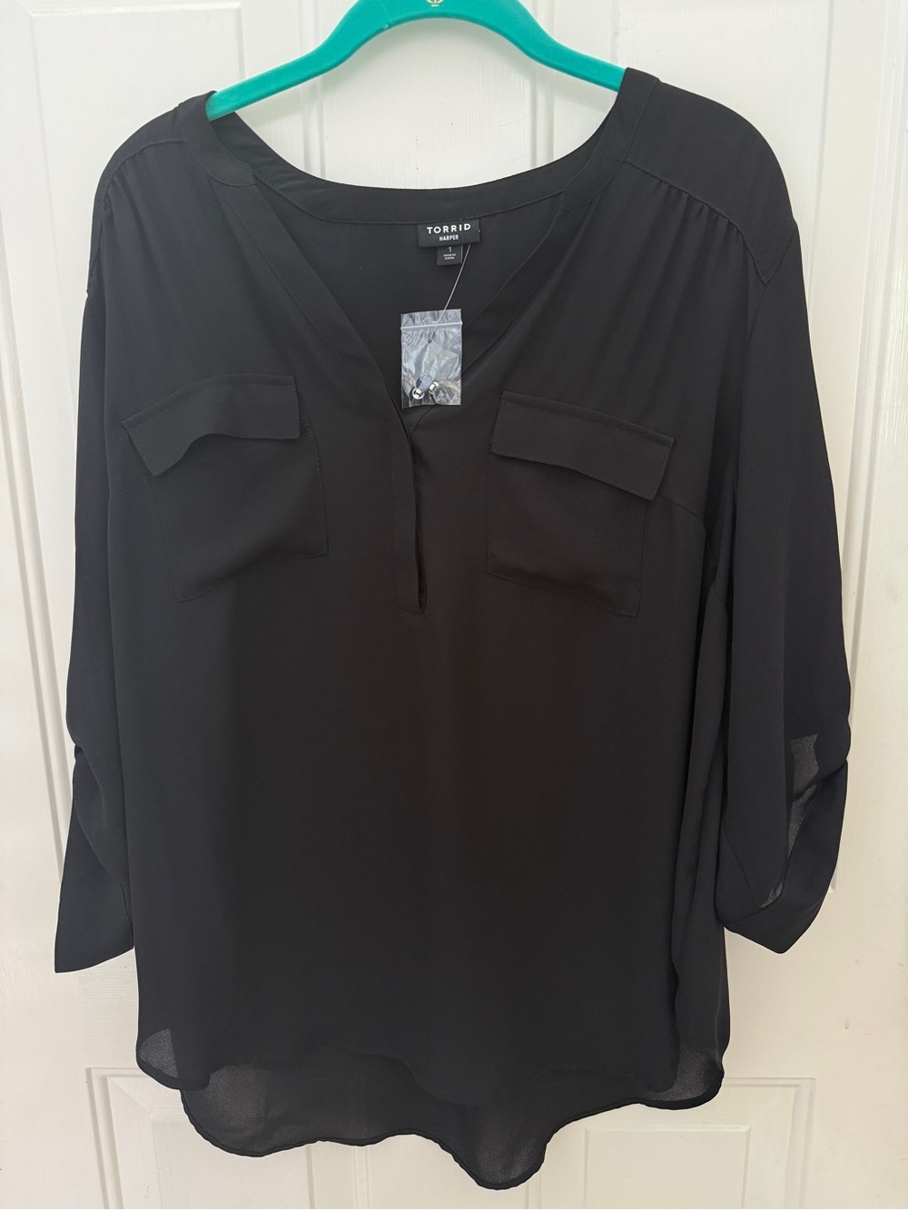 torrid Black Split V-Neck Blouse with Chest Pockets